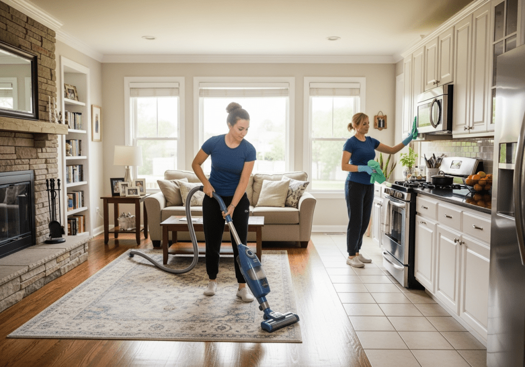 Two Polish women maids cleaning a Chicago apartment kitchen. One maid with tied-back hair is wiping the counter with a mint green cloth, while another maid with short hair is mopping the kitchen floor. The apartment has modern cabinets, stainless appliances, bar stools, and a large window with daylight.