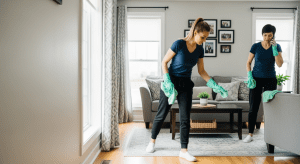 Two Polish women maids in an Arlington Heights living room. One maid dusts the coffee table while another wipes the sofa arm while holding a phone to her ear. Both wear navy t-shirts, black joggers, and white sneakers. The left side of the frame is clear for text, while the right shows the maids working in a bright suburban home.