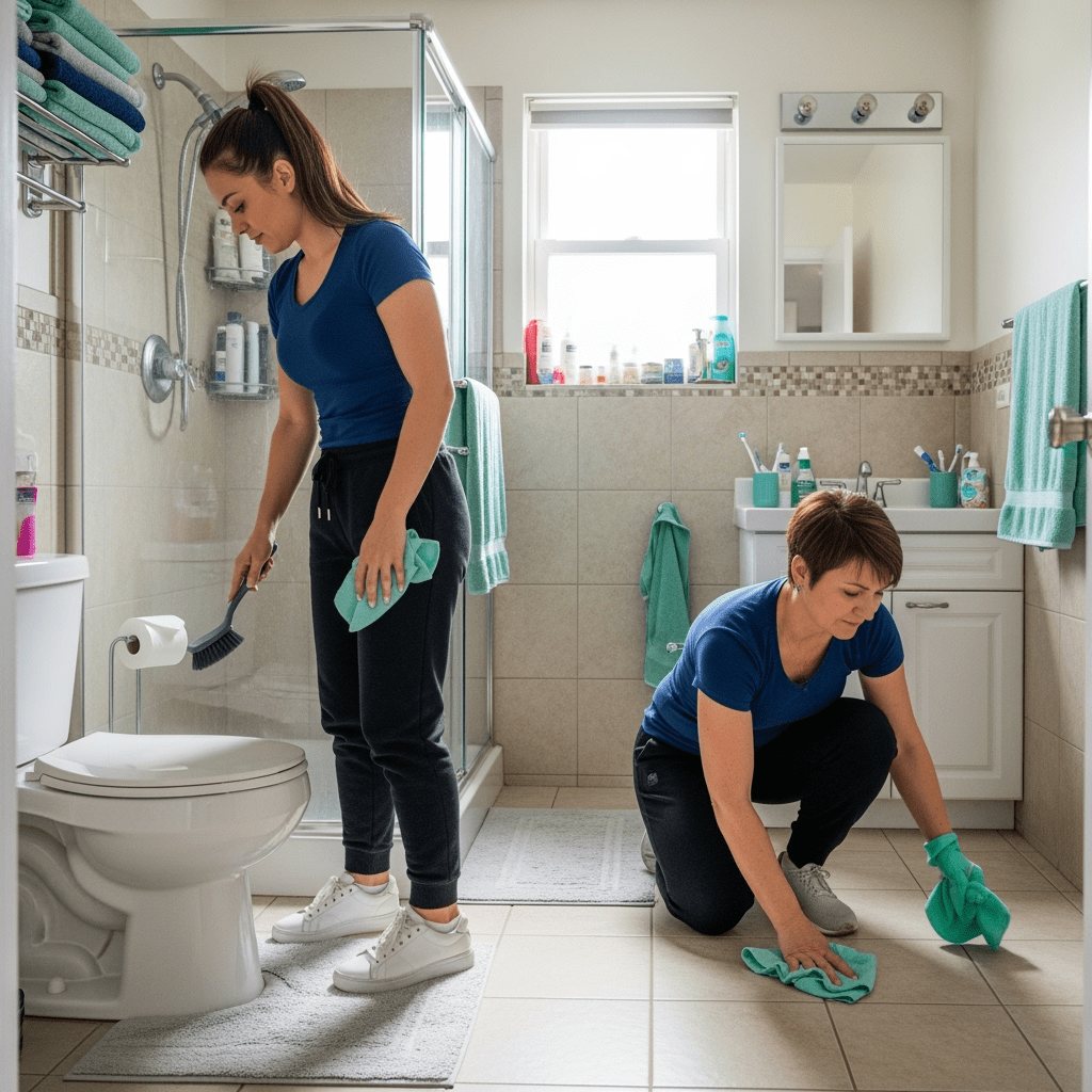 Bathroom Cleaning Service in Chicago Apartments and Homes - Upstairs Downstairs Cleaning Service Chicago maids cleaning a bathroom. One maid scrubs the toilet while the other wipes the bathroom floor, showing professional deep cleaning service with attention to detail.