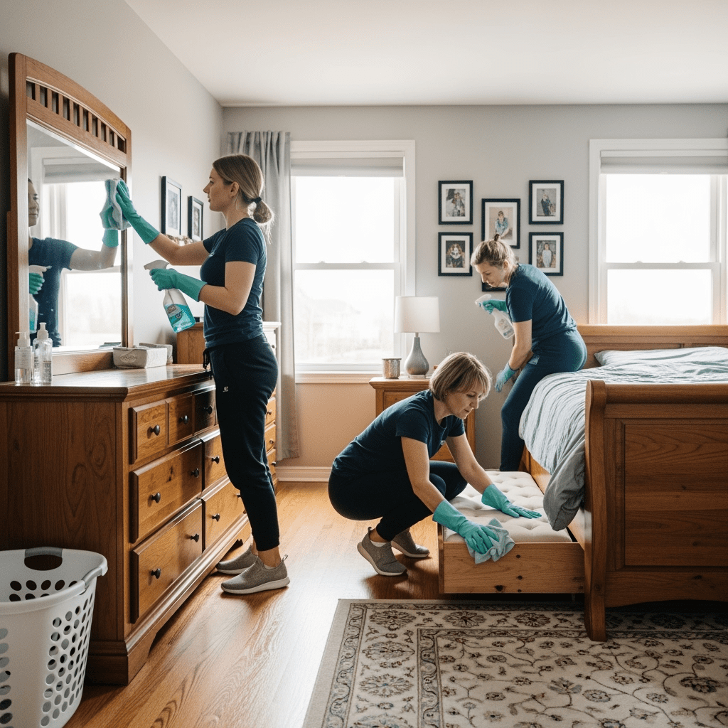 Deep Cleaning Bedroom – Three Maids Cleaning Mirror and Scrubbing Under Bed in Elmhurst Home Three Polish women maids deep cleaning a suburban Elmhurst bedroom. One maid with tied-back hair is wiping the dresser mirror with a cloth and spray, while another maid with short hair is crouched down scrubbing the hardwood floor under the bed. The wide room has hardwood floors, a rug, family photos, and bright daylight.