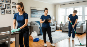 Three Polish women maids deep cleaning a suburban Chicago home. One maid is wiping a table with a cloth, another is mopping the hardwood floor, and a third stands slightly back holding a clipboard and pen, reviewing the work. The bright room has hardwood floors, family photos, and natural daylight.