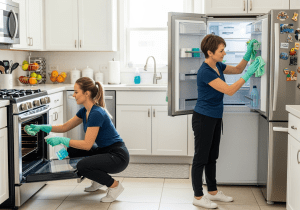 Two Polish women maids deep cleaning a suburban Chicago kitchen. One maid with tied-back hair is scrubbing the oven door with a mint green cloth, while another maid with short hair is reviewing a checklist on a clipboard. The kitchen has white cabinets, stainless appliances, and bright natural daylight.
