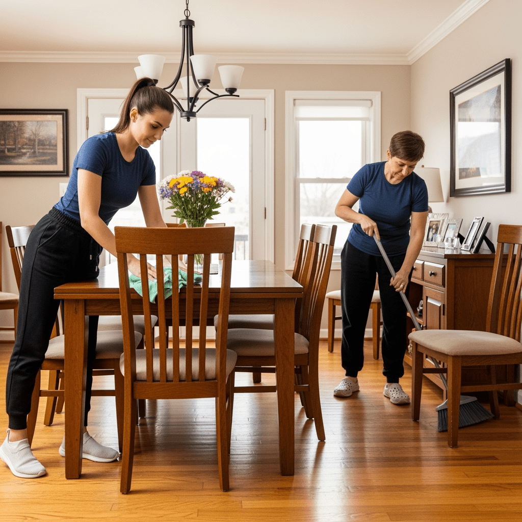 Dining Room Cleaning – Two Maids Polishing Table and Sweeping Floors in Chicago Home Two Polish women maids cleaning a suburban Chicago dining room. One maid with tied-back hair is polishing the wooden dining table with a mint green cloth, while another maid with short hair is sweeping the hardwood floor around the chairs. The room has a chandelier, framed artwork, flowers on the table, and bright natural daylight.