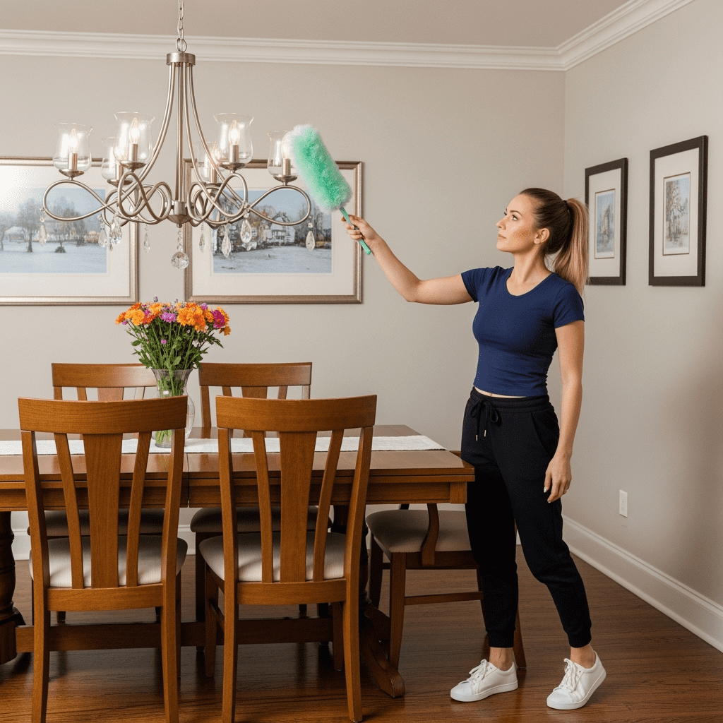 Dining Room Cleaning – Maid Dusting Chandelier with Feather Duster in Elmhurst Home A Polish woman maid cleaning a chandelier in a suburban Elmhurst dining room. Wearing a navy t-shirt, black joggers, and white sneakers, she reaches up with a mint green feather duster to dust a brushed nickel chandelier with glass shades and small crystal accents. A wooden dining table with flowers and chairs sits below, with bright natural daylight filling the room.