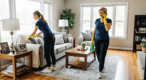Two Polish women maids completing a house cleaning in an Elmhurst, Illinois living room. One maid with tied-back hair is adjusting pillows on the couch, while another maid with short hair is holding a phone and mint green cloth. The bright room has hardwood floors, a rug, a fireplace, and looks spotless and sparkling clean.