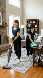 Elmhurst maids cleaning a living room with recurring service, vacuuming carpets and dusting surfaces to keep the home tidy and welcoming.