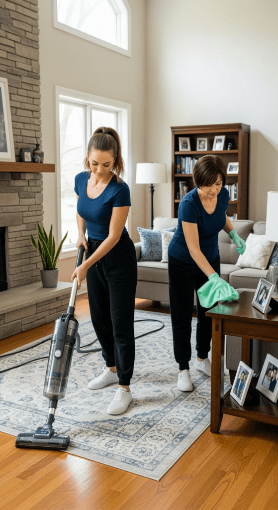 Living Room Cleaning – Two Maids Vacuuming and Dusting in Elmhurst - Upstairs Downstairs Cleaning Service Northwest Chicago maids cleaning a living room. One vacuums the floor while the other dusts surfaces, showing professional house cleaning service with attention to detail.