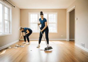 Buffalo Grove maids providing detailed move-out cleaning, sweeping floors and picking up to leave the home spotless for the next residents.