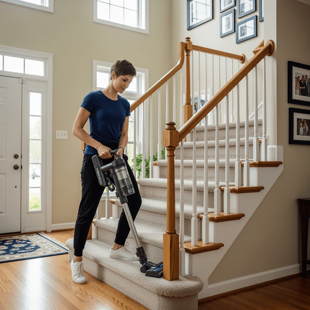 Hallway Cleaning – Maid Standing on Stairs Vacuuming Carpeted Steps in Home A Polish woman maid vacuuming the carpeted stairs while standing on them in the front foyer of a suburban chicago home. Wearing a navy t-shirt, black joggers, and white sneakers, she guides a cordless upright vacuum across the stair treads. The foyer has hardwood floors, framed family photos, a patterned rug, and bright daylight near the door.