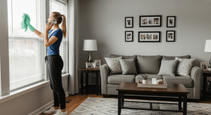 A Polish woman maid in a suburban Chicago living room, positioned on the far left side of the frame. Wearing a navy t-shirt, black joggers, and white sneakers, she dusts the window blinds with a mint green cloth while holding a smartphone to her ear. The right side shows a sofa, rug, and coffee table, leaving space on the left for text overlay.