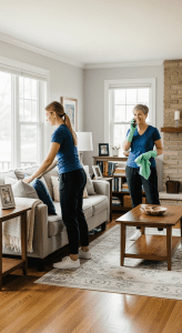 Two Polish women maids during recurring housekeeping in a suburban Chicago living room. One maid with tied-back hair is straightening pillows on the couch, while another maid with short hair is holding a phone to her ear with one hand and a mint green cloth in the other, as if confirming the schedule. The bright room has hardwood floors, a rug, and framed family photos.