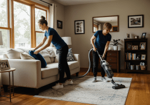 Buffalo Grove maids providing recurring weekly housekeeping, vacuuming and dusting a living room to keep the home fresh, spotless, and welcoming.