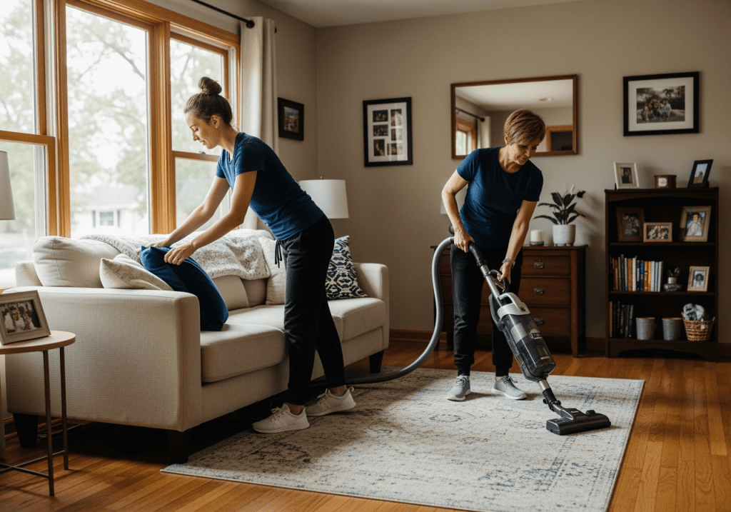Two Polish women maids performing weekly housekeeping in a suburban Chicago living room. One maid is fluffing pillows on the couch, while another is vacuuming the rug. The room has hardwood floors, windows with daylight, framed photos, and family décor.