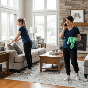 Two Polish women maids completing a cleaning in a suburban Chicago living room. One maid with tied-back hair is adjusting pillows on the couch, while another maid with short hair is holding a phone to her ear with one hand and a mint green cloth in the other, as if calling to confirm the job. The bright living room has hardwood floors, a rug, a fireplace, and looks spotless and sparkling clean.
