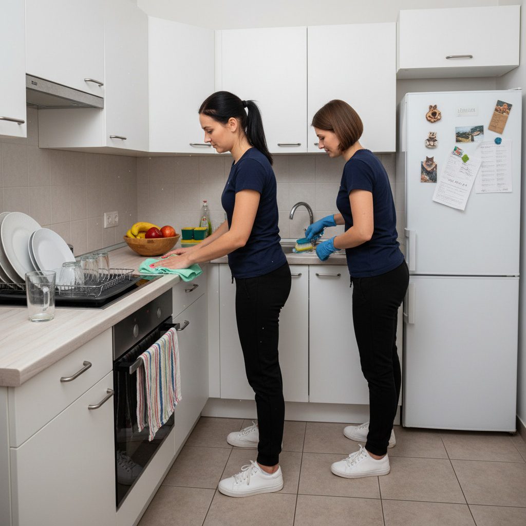 Apartment Kitchen Cleaning Service in Chicagoland - Upstairs Downstairs Cleaning Service Chicago maids cleaning a lived-in apartment kitchen. One wipes the countertop near a fruit bowl while the other scrubs the stainless steel sink. Everyday details like fridge magnets, dish rack, and a hanging towel show a realistic home environment.