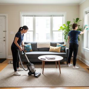Chicago maids cleaning a lived-in apartment living room. One vacuums around the sofa while the other dusts the window sill with a mint green cloth. Everyday details like pillows, magazines, and a houseplant show a realistic home environment