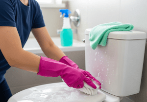 Palatine maid performing deep bathroom cleaning, scrubbing the toilet to ensure a sanitary, fresh, and spotless home environment.