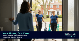 Elmhurst homeowner opening her front door to greet two professional maids with cleaning supplies. Upstairs Downstairs Cleaning Service – trusted, bonded, and insured house cleaning serving Chicagoland since 1977.