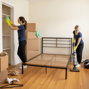 Two maids cleaning an empty suburban Chicago bedroom during a move-out. One wipes an empty closet shelf with a mint green cloth while the other vacuums hardwood floors near a bare bed frame and moving boxes.