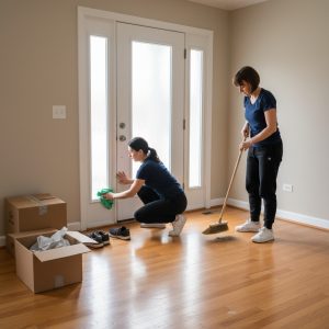 Two Chicago maids cleaning the entryway of a suburban Chicago home during a move-out. One kneels to wipe the baseboards with a mint green cloth while the other sweeps the hardwood floor. Cardboard moving boxes and a pair of forgotten shoes by the front door highlight the moving process