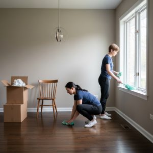 Two maids cleaning an empty suburban Chicago dining room during a move-out. One crouches to wipe baseboards with a mint green cloth while the other dusts the window sill with a mint green feather duster. Cardboard boxes and a single wooden chair add to the realistic moving scene.