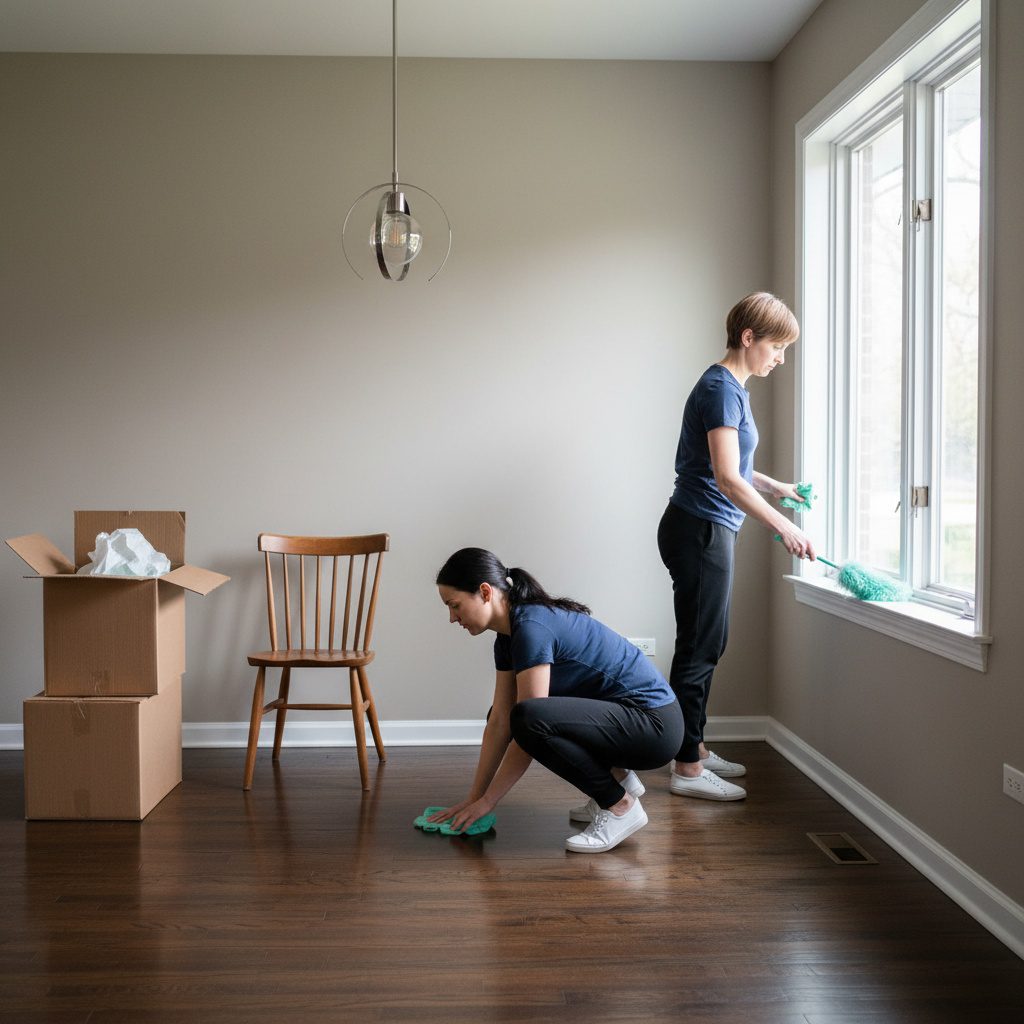 Move-Out Dining Room Cleaning Service in Chicagoland - Upstairs Downstairs Cleaning Service Two maids cleaning an empty suburban Chicago dining room during a move-out. One crouches to wipe baseboards with a mint green cloth while the other dusts the window sill with a mint green feather duster. Cardboard boxes and a single wooden chair add to the realistic moving scene.