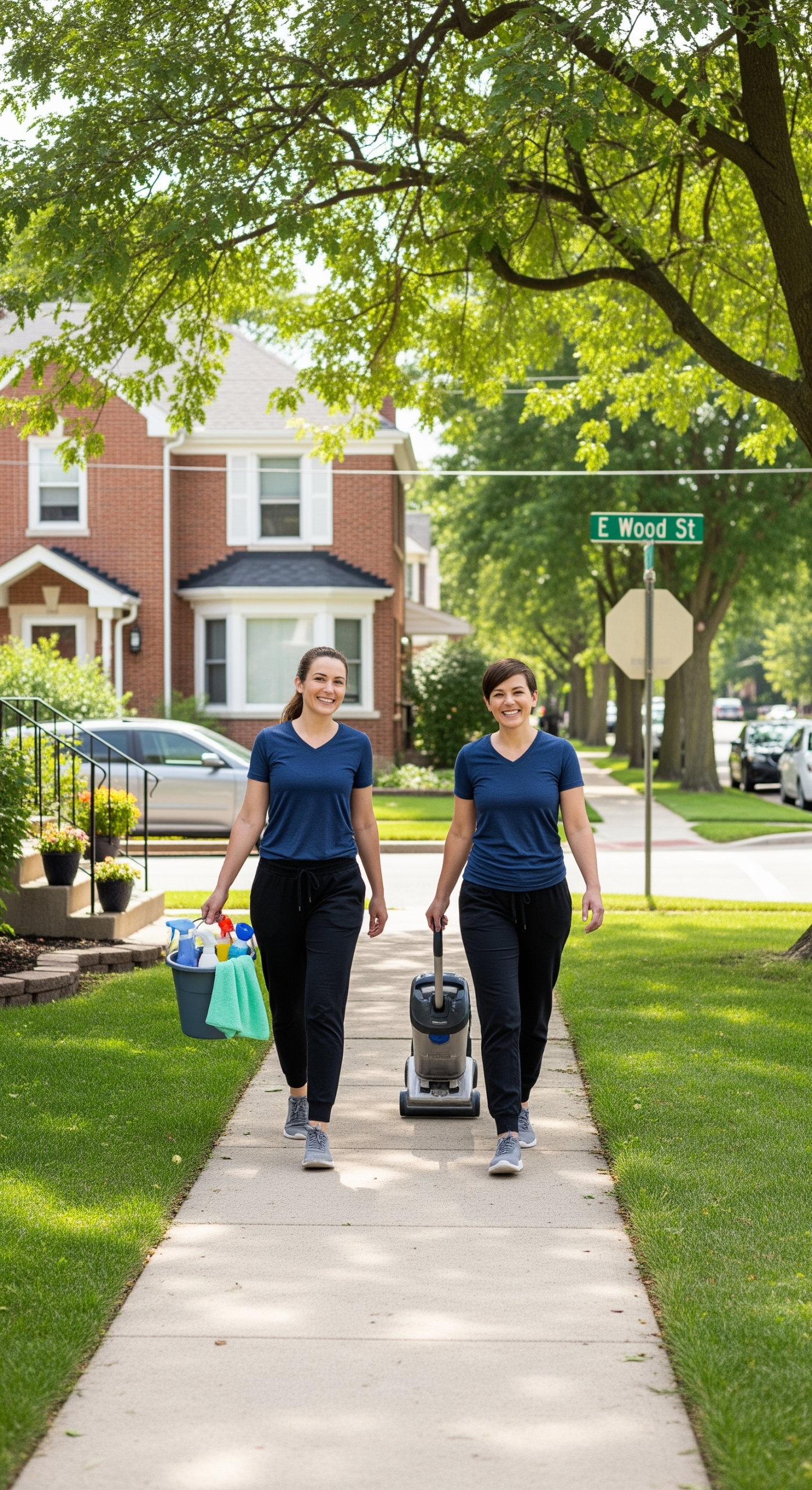 Palatine Maid Service – Professional House Cleaning Palatine maids walking up to a suburban home with cleaning supplies. One carries a bucket and cloth while the other wheels a vacuum. A green street sign reading ‘E Wood St’ is visible in the background, anchoring the scene in Palatine.