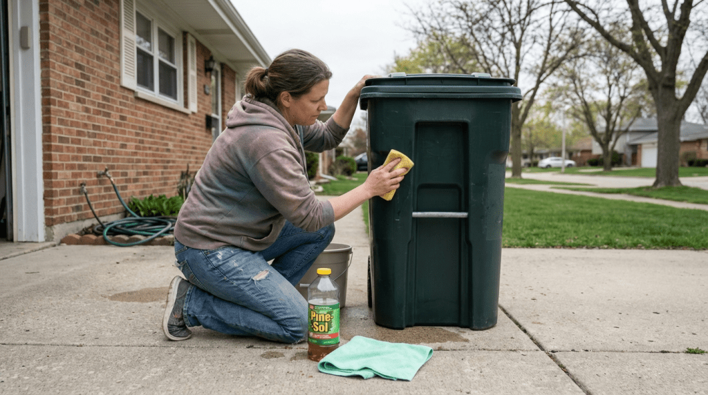 Homeowner wiping the outside of outdoor trash cans with Pine-Sol to reduce odors and deter pests.