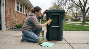 Homeowner wiping the outside of outdoor trash cans with Pine-Sol to reduce odors and deter pests.