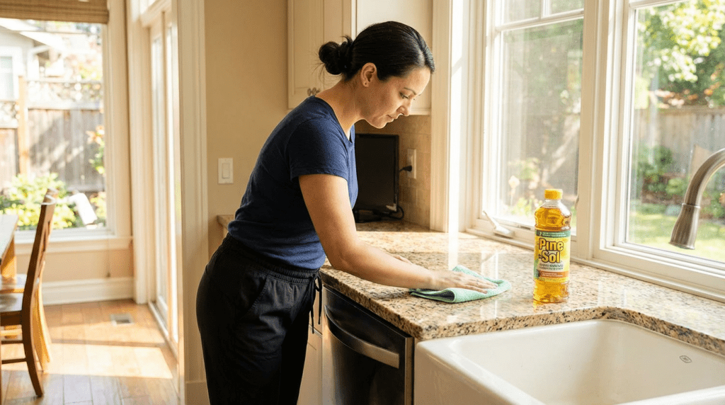 Maid wiping a kitchen counter with a mint green microfiber cloth and Pine-Sol placed nearby.