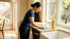 Maid wiping a kitchen counter with a mint green microfiber cloth and Pine-Sol placed nearby.