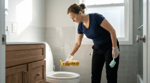 Polish maid in navy shirt and black joggers pouring Pine-Sol into a toilet while holding a mint green scrub brush.