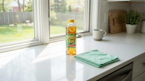 Bottle of Pine-Sol on a clean kitchen countertop with a mint green microfiber cloth.