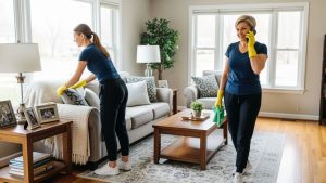 Elmhurst House Cleaning Two Maids Finishing Living Room Cleaning in Suburban Home
