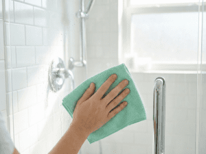 Close-up of a hand wiping water from a glass shower door with a microfiber cloth in a Chicago bathroom, showing a simple habit to prevent mold.